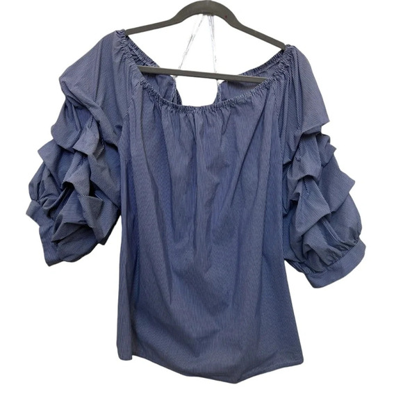 City Chic Off the Shoulder Ruffle Sleeve Blouse Blue White Size XL/22 - Picture 1 of 6